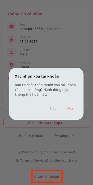 Màn hình xóa tài khoản